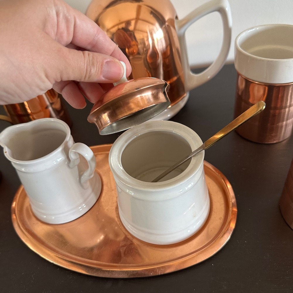 Vtg Baker Hart & Stuart Ceramic Copper Tea Set Teapot 4 Mugs Creamer 9pc Service - Picture 4 of 16